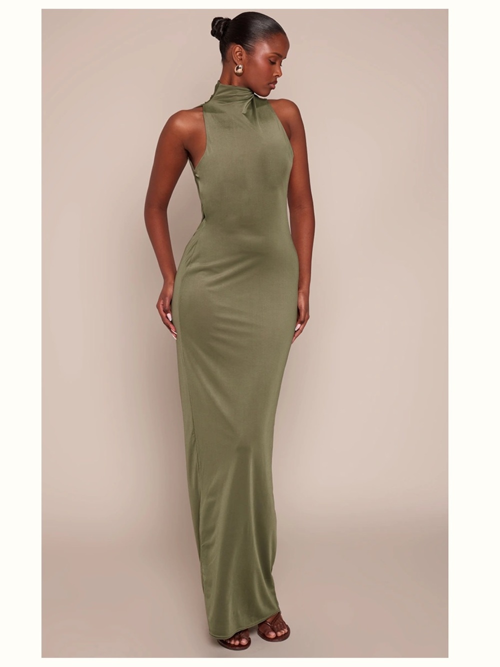 NWT Slinky High Neck Maxi Dress in Olive Green